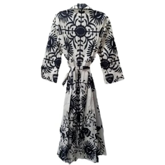 Zara Floral Printed Black White Kimono Belt Dress L - Picture 5 of 15